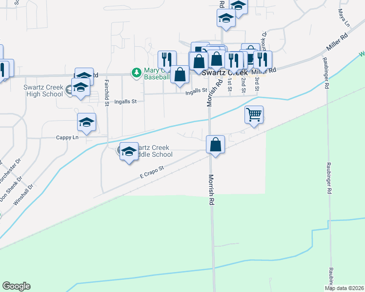 map of restaurants, bars, coffee shops, grocery stores, and more near 8046 Maple Street in Swartz Creek