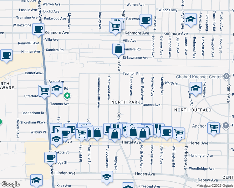 map of restaurants, bars, coffee shops, grocery stores, and more near 426 Colvin Avenue in Buffalo