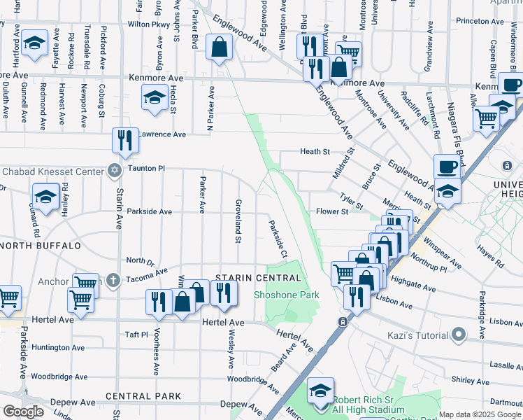 map of restaurants, bars, coffee shops, grocery stores, and more near 167 Shoshone Street in Buffalo