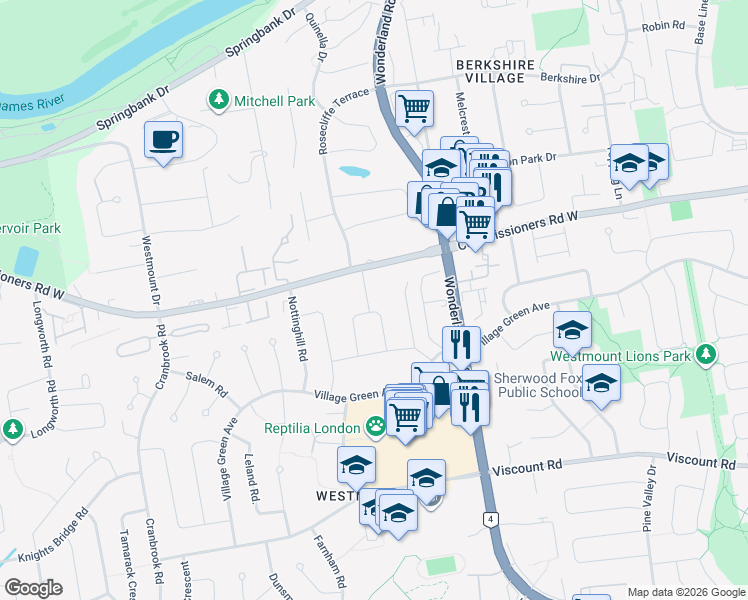 map of restaurants, bars, coffee shops, grocery stores, and more near 614 Westmount Crescent in London