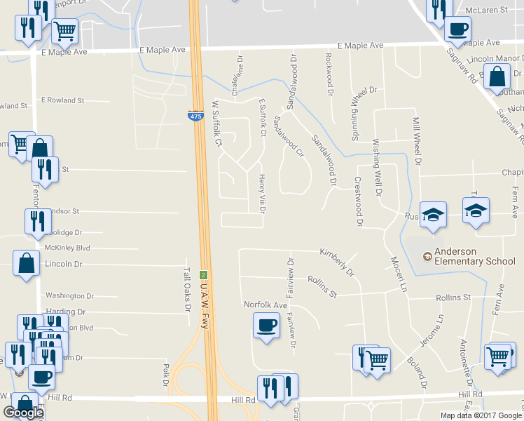 map of restaurants, bars, coffee shops, grocery stores, and more near 288 Ann Boleyn Lane in Flint