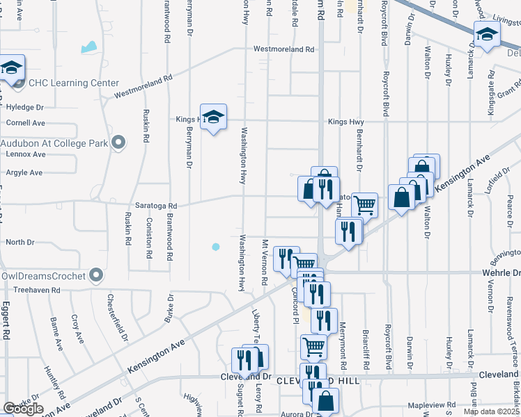 map of restaurants, bars, coffee shops, grocery stores, and more near 399 Mount Vernon Road in Buffalo