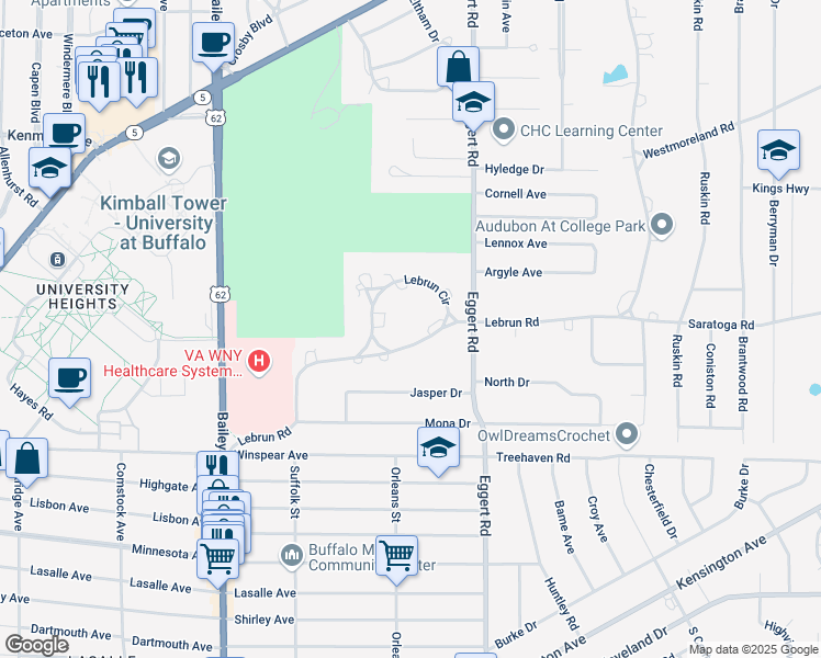map of restaurants, bars, coffee shops, grocery stores, and more near 134 Lebrun Circle in Buffalo