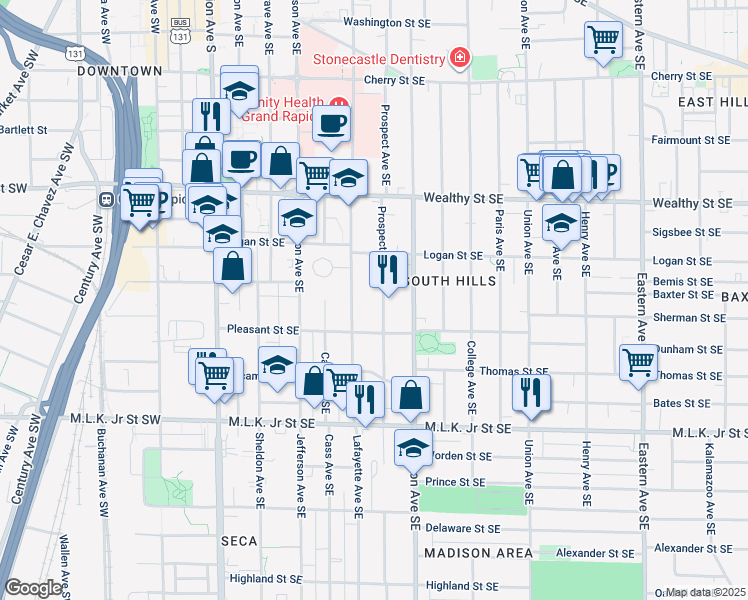 map of restaurants, bars, coffee shops, grocery stores, and more near 547 Prospect Avenue Southeast in Grand Rapids