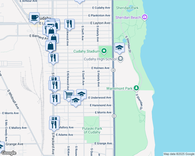 map of restaurants, bars, coffee shops, grocery stores, and more near 5055 South Hately Avenue in Cudahy