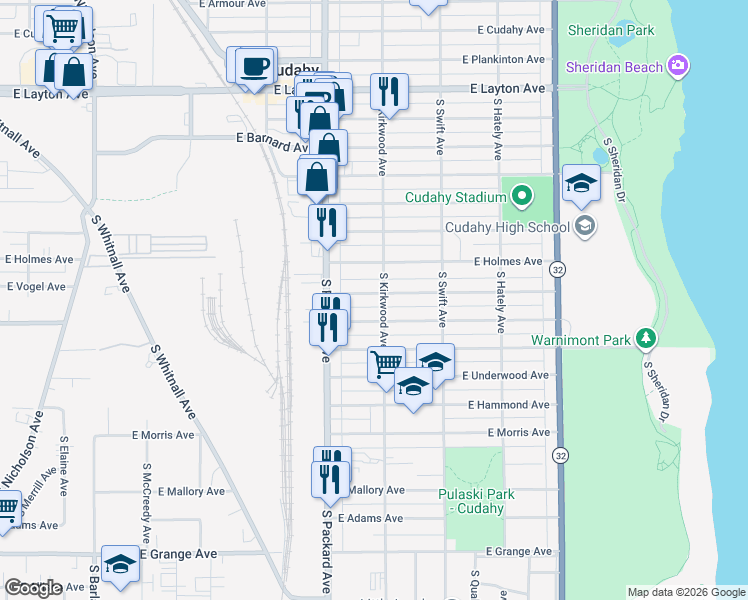 map of restaurants, bars, coffee shops, grocery stores, and more near 3667 East Martin Avenue in Cudahy