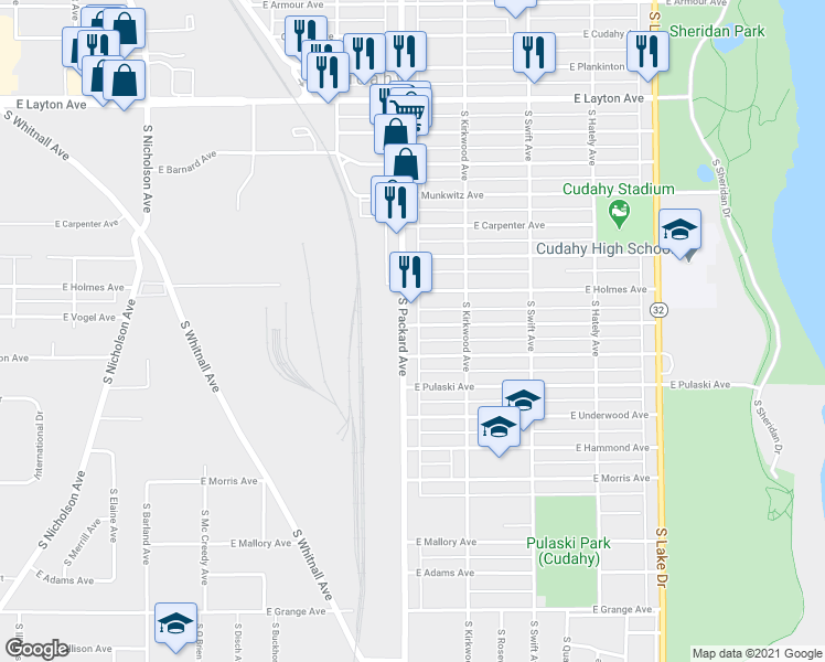 map of restaurants, bars, coffee shops, grocery stores, and more near 5048 South Packard Avenue in Cudahy