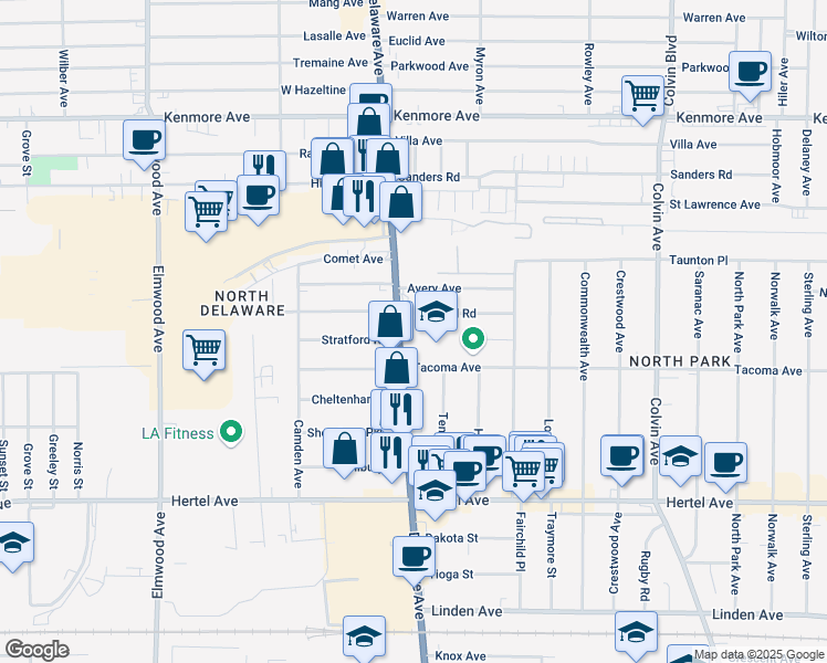 map of restaurants, bars, coffee shops, grocery stores, and more near 2515 Delaware Avenue in Buffalo