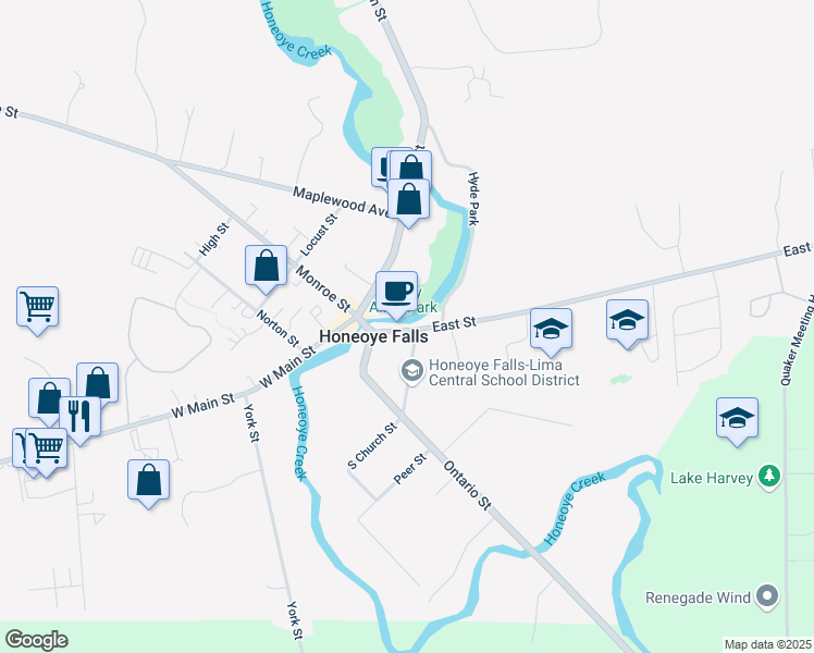 map of restaurants, bars, coffee shops, grocery stores, and more near 32 County Road 243 in Honeoye Falls