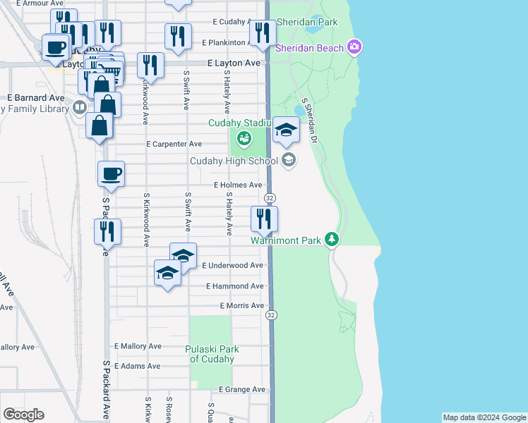 map of restaurants, bars, coffee shops, grocery stores, and more near 5051 South Lake Drive in Cudahy