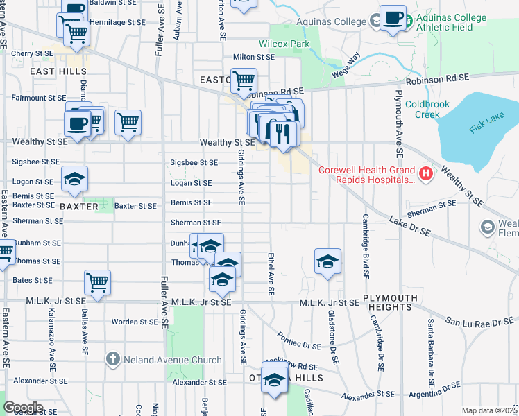 map of restaurants, bars, coffee shops, grocery stores, and more near 1426 Bemis Street Southeast in Grand Rapids