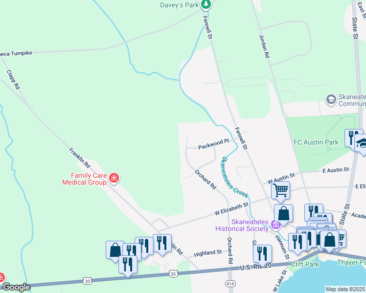 map of restaurants, bars, coffee shops, grocery stores, and more near 127 Orchard Road in Skaneateles