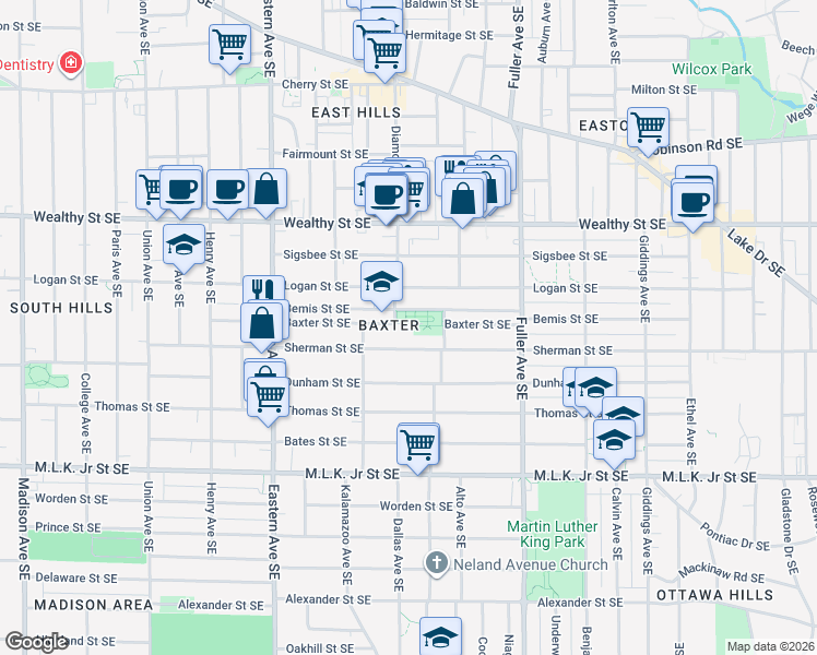 map of restaurants, bars, coffee shops, grocery stores, and more near 1012 Baxter Street Southeast in Grand Rapids