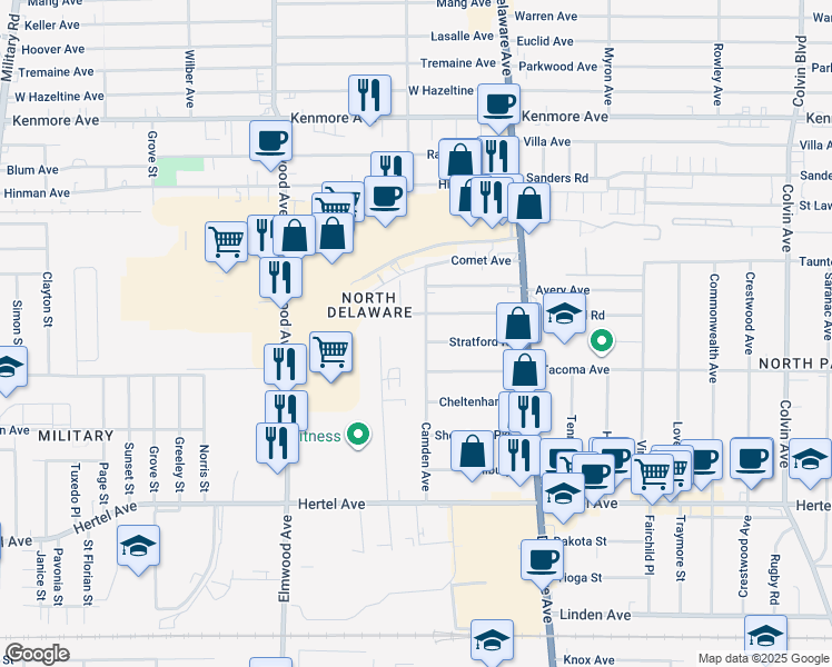 map of restaurants, bars, coffee shops, grocery stores, and more near 172 Camden Avenue in Buffalo