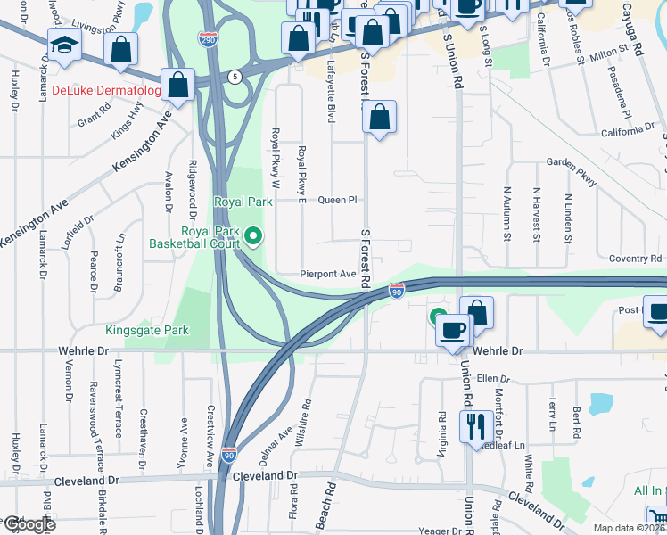 map of restaurants, bars, coffee shops, grocery stores, and more near 39 Pierpont Avenue in Buffalo
