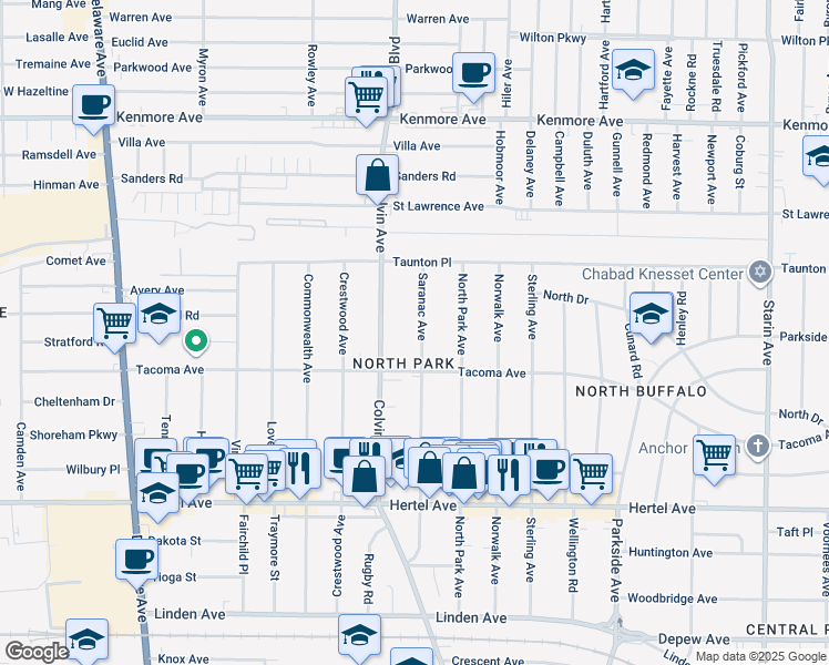 map of restaurants, bars, coffee shops, grocery stores, and more near 240 Saranac Avenue in Buffalo