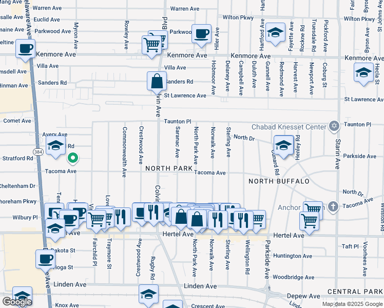 map of restaurants, bars, coffee shops, grocery stores, and more near 290 North Park Avenue in Buffalo