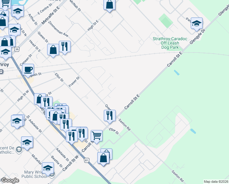 map of restaurants, bars, coffee shops, grocery stores, and more near in Strathroy