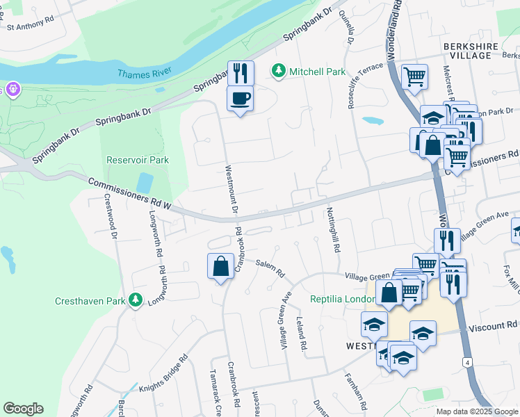 map of restaurants, bars, coffee shops, grocery stores, and more near 729 Commissioners Road West in London