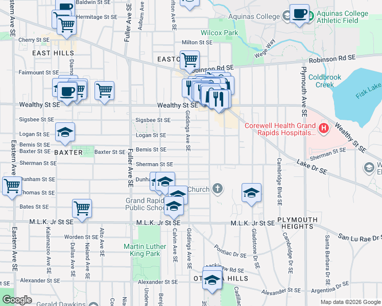 map of restaurants, bars, coffee shops, grocery stores, and more near 1350 Bemis Street Southeast in Grand Rapids