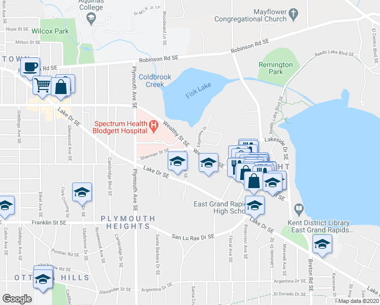 map of restaurants, bars, coffee shops, grocery stores, and more near 1960 Sherman Street Southeast in Grand Rapids