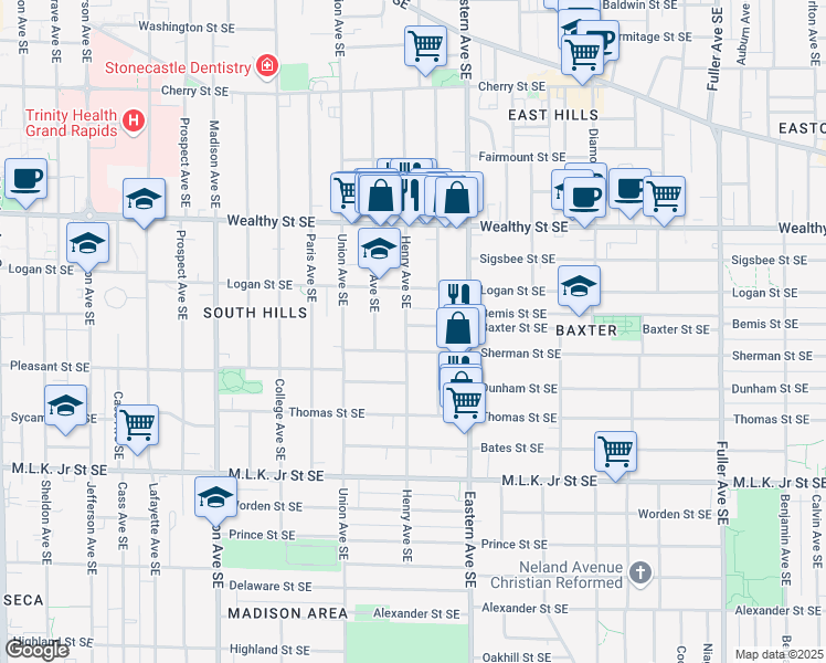 map of restaurants, bars, coffee shops, grocery stores, and more near 542 Henry Avenue Southeast in Grand Rapids