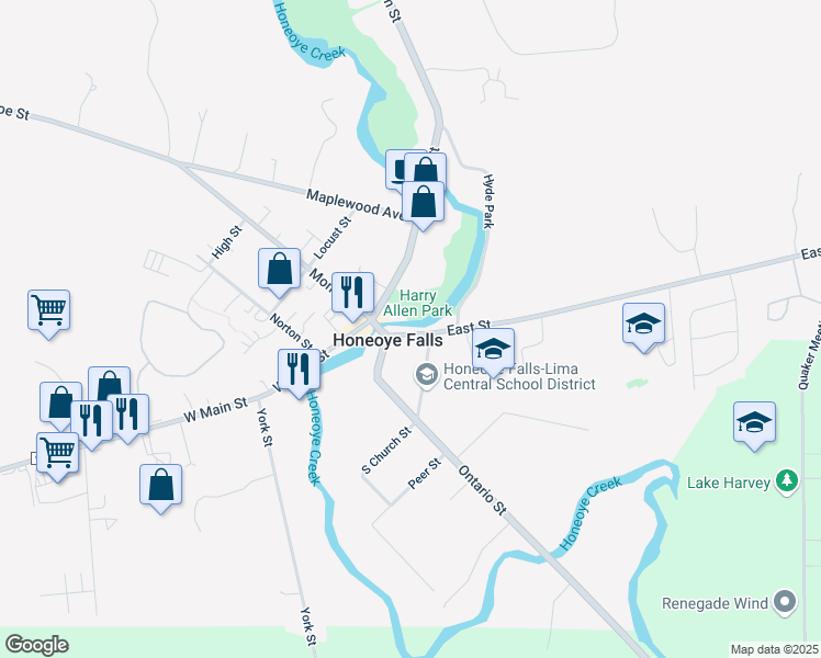 map of restaurants, bars, coffee shops, grocery stores, and more near 32 County Road 243 in Honeoye Falls