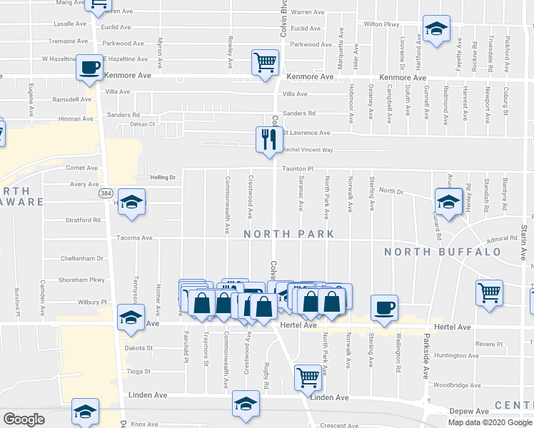 map of restaurants, bars, coffee shops, grocery stores, and more near 422 Colvin Avenue in Buffalo