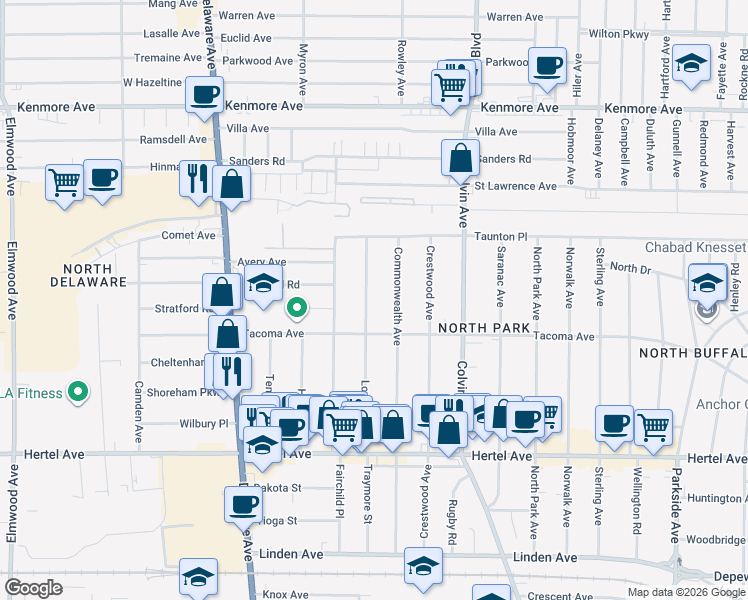 map of restaurants, bars, coffee shops, grocery stores, and more near 167 Lovering Avenue in Buffalo