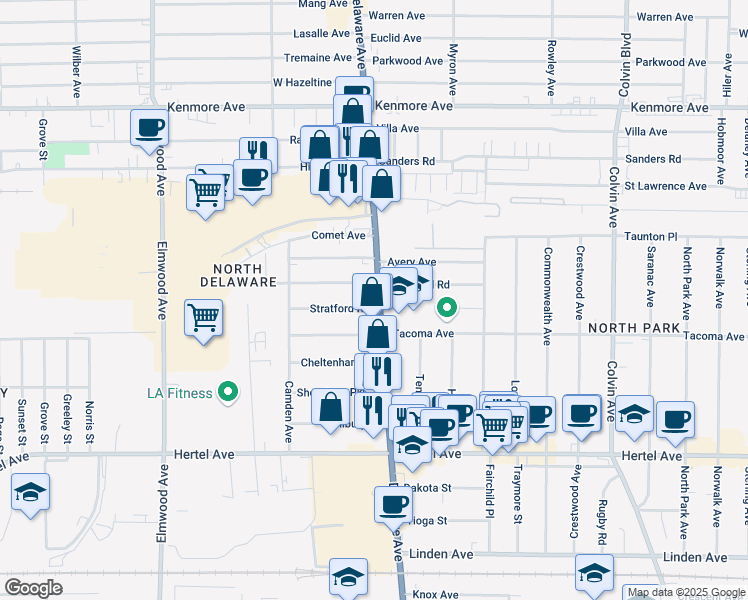 map of restaurants, bars, coffee shops, grocery stores, and more near 2515 Delaware Avenue in Buffalo