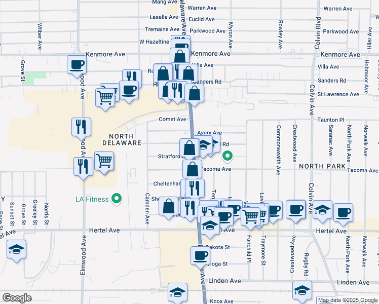 map of restaurants, bars, coffee shops, grocery stores, and more near 125 Stratford Road in Buffalo