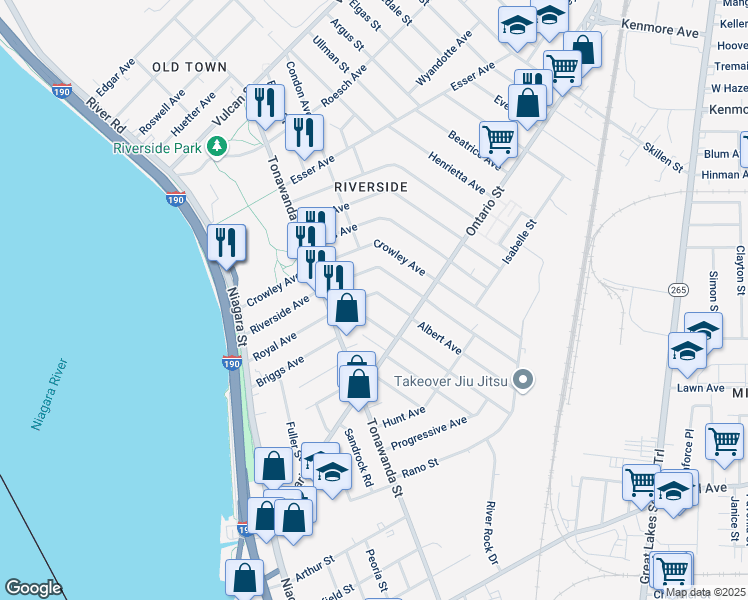 map of restaurants, bars, coffee shops, grocery stores, and more near 181 Royal Avenue in Buffalo