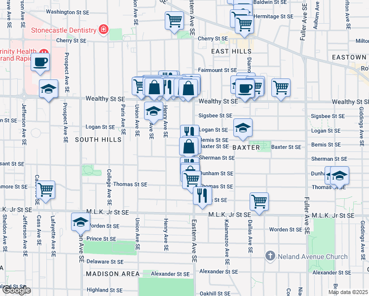map of restaurants, bars, coffee shops, grocery stores, and more near 740 Baxter Street Southeast in Grand Rapids