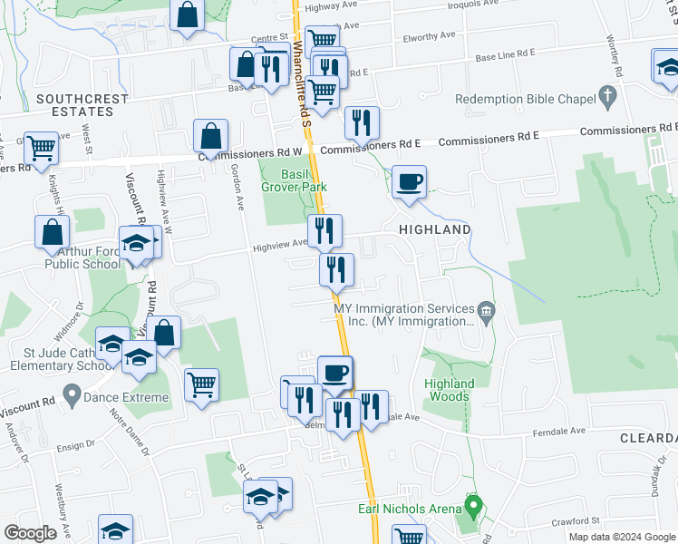 map of restaurants, bars, coffee shops, grocery stores, and more near 616 Wharncliffe Road South in London