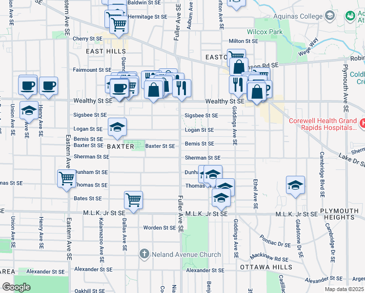 map of restaurants, bars, coffee shops, grocery stores, and more near 1200 Bemis Street Southeast in Grand Rapids