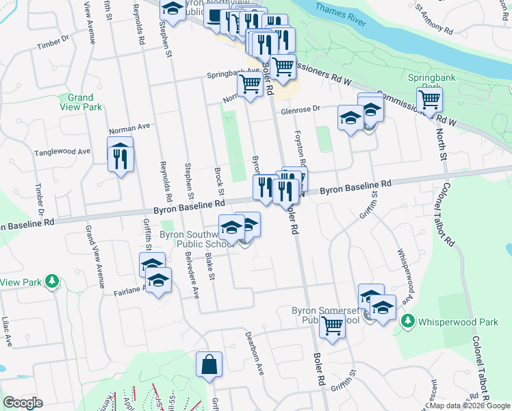 map of restaurants, bars, coffee shops, grocery stores, and more near 1294 Byron Baseline Road in London