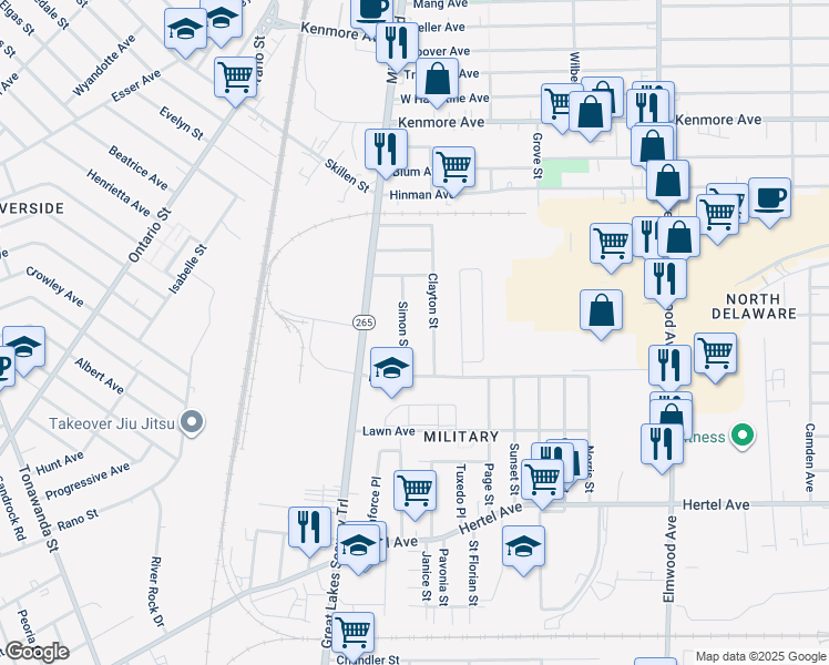 map of restaurants, bars, coffee shops, grocery stores, and more near 41 Simon Street in Buffalo