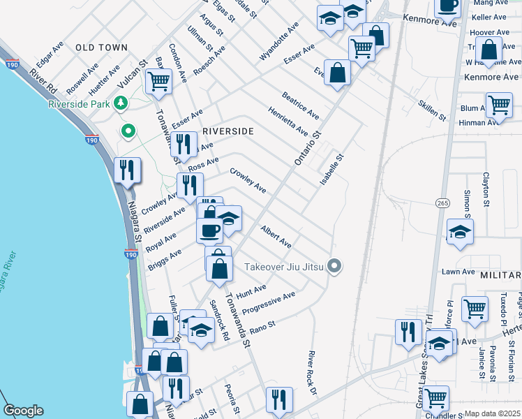 map of restaurants, bars, coffee shops, grocery stores, and more near 284 Ontario Street in Buffalo