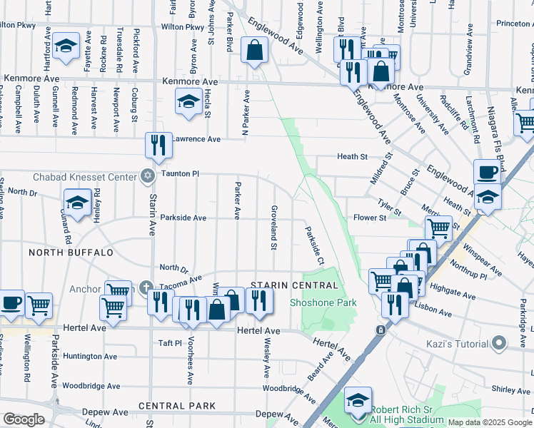 map of restaurants, bars, coffee shops, grocery stores, and more near 1108 Parkside Avenue in Buffalo