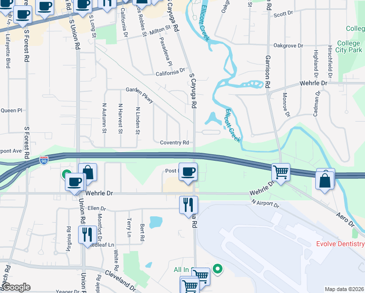 map of restaurants, bars, coffee shops, grocery stores, and more near 24 Coventry Road in Buffalo