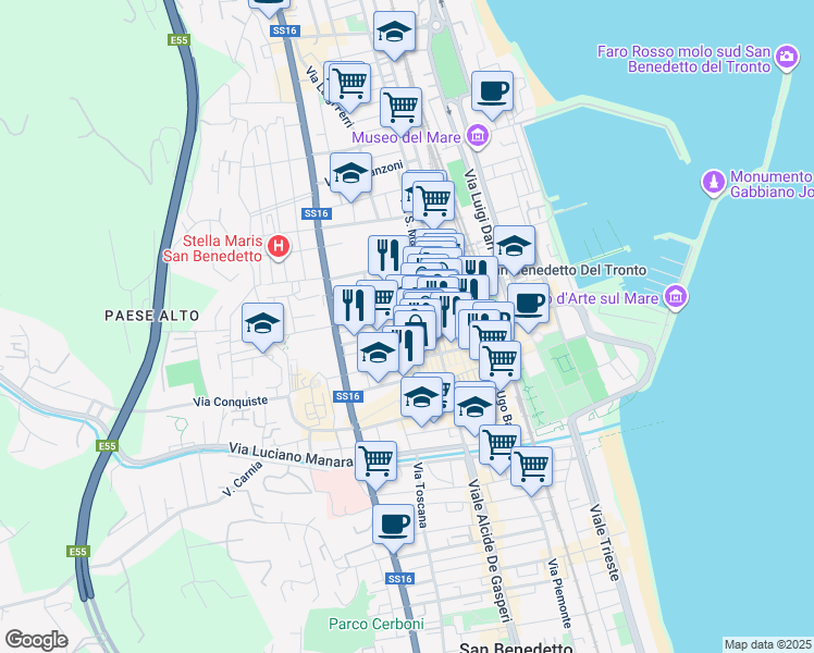 map of restaurants, bars, coffee shops, grocery stores, and more near 59 Via Gioacchino Pizzi in San Benedetto del Tronto