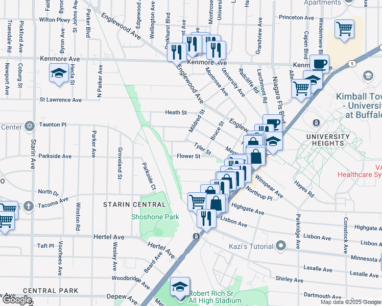 map of restaurants, bars, coffee shops, grocery stores, and more near 57 Flower Street in Buffalo