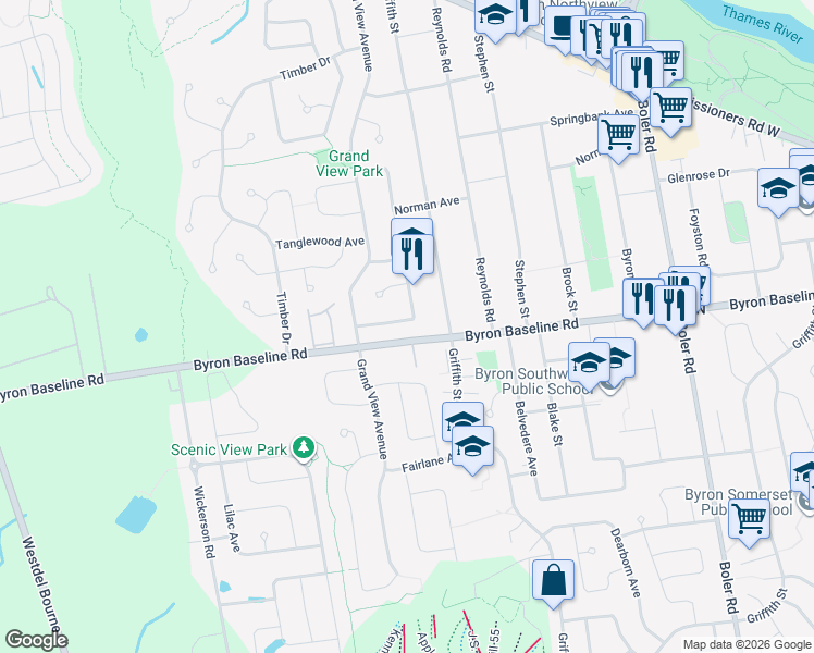 map of restaurants, bars, coffee shops, grocery stores, and more near 58 Southfield Crescent in London