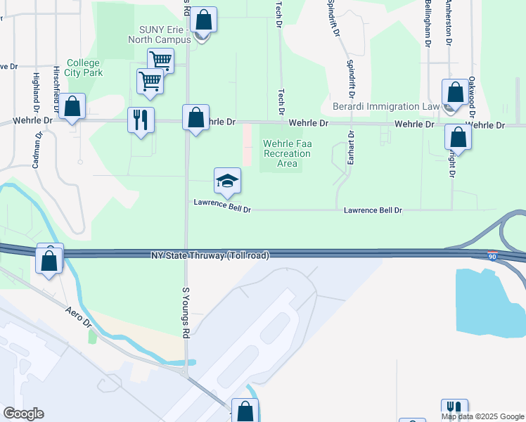 map of restaurants, bars, coffee shops, grocery stores, and more near 115 Lawrence Bell Drive in Buffalo