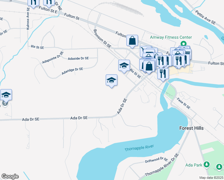 map of restaurants, bars, coffee shops, grocery stores, and more near 731 Ada Drive Southeast in Ada