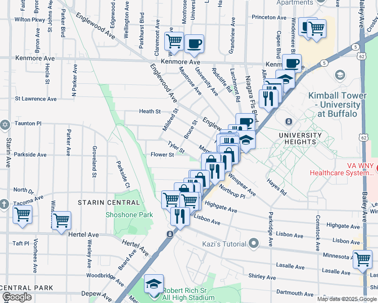 map of restaurants, bars, coffee shops, grocery stores, and more near 57 Tyler Street in Buffalo