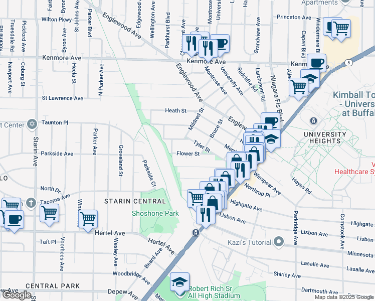 map of restaurants, bars, coffee shops, grocery stores, and more near 61 Flower Street in Buffalo