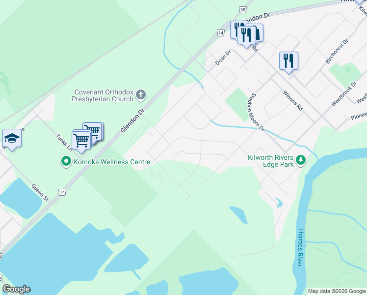 map of restaurants, bars, coffee shops, grocery stores, and more near 10293 Glendon Drive in Komoka