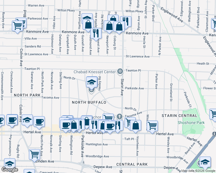 map of restaurants, bars, coffee shops, grocery stores, and more near 866 Parkside Avenue in Buffalo