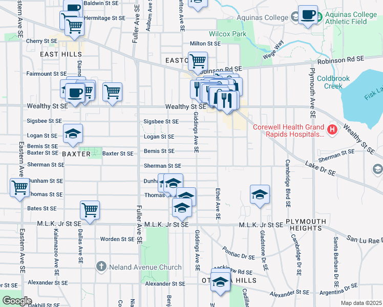 map of restaurants, bars, coffee shops, grocery stores, and more near 1350 Bemis Street Southeast in Grand Rapids